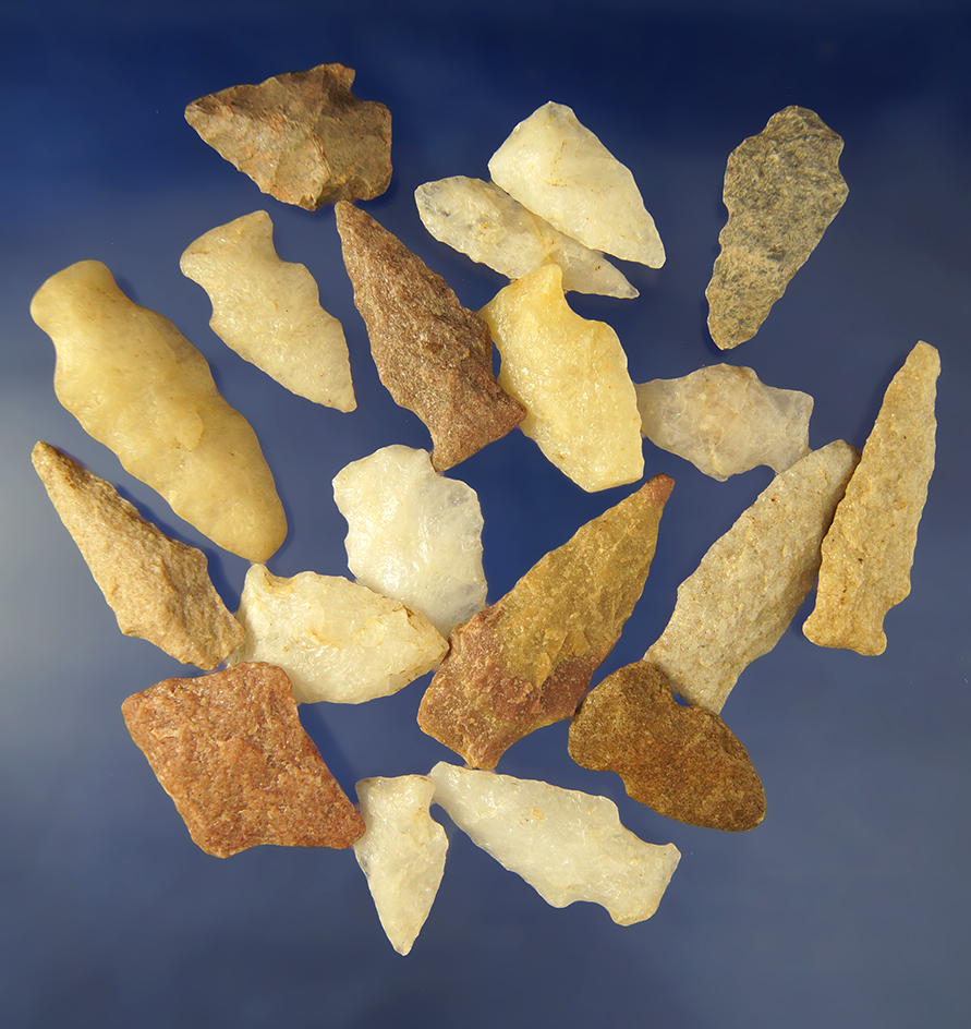 Group of 19 assorted   Arrowheads found in Virginia. Largest is 2 1/4".