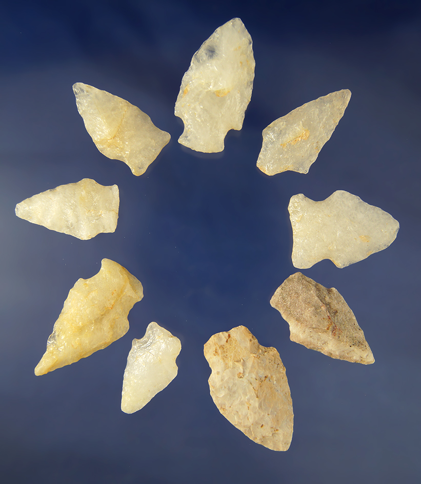 Group of 9 assorted   Arrowheads found in North Carolina and Virginia. Largest is 1 3/4".