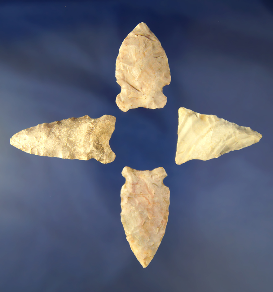 4 Side Notched   Arrowheads, largest is 2 1/4" from Cole Co., Missouri.