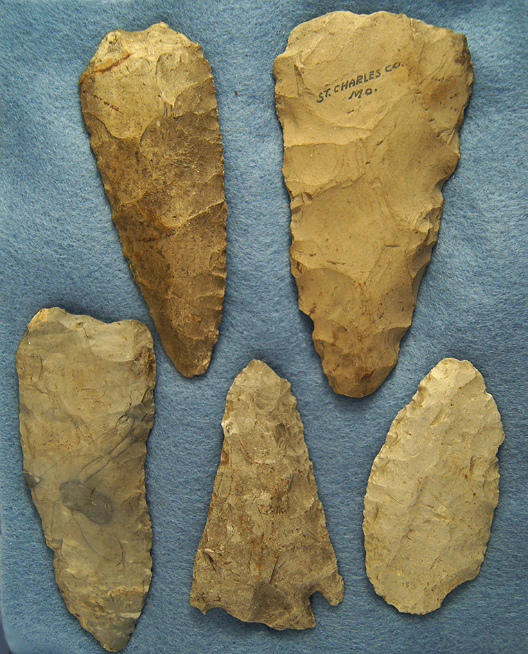 Set of 5 flint Knives found in Missouri, largest is 4 5/8".