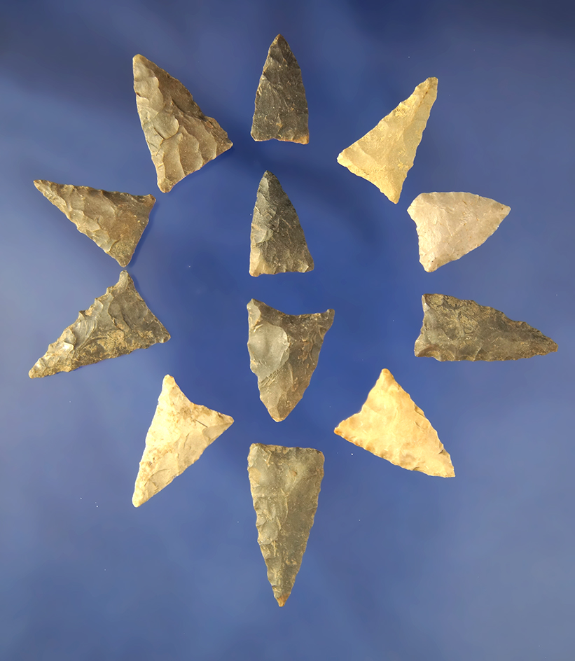 Group of 12 Triangle   Arrowheads found in Greenup Co., Kentucky - Judge Claxton Collection.