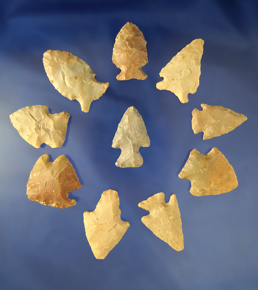 Group of 10 assorted   Arrowheads - Greenup Co., Kentucky from the Judge Claxton Collection.
