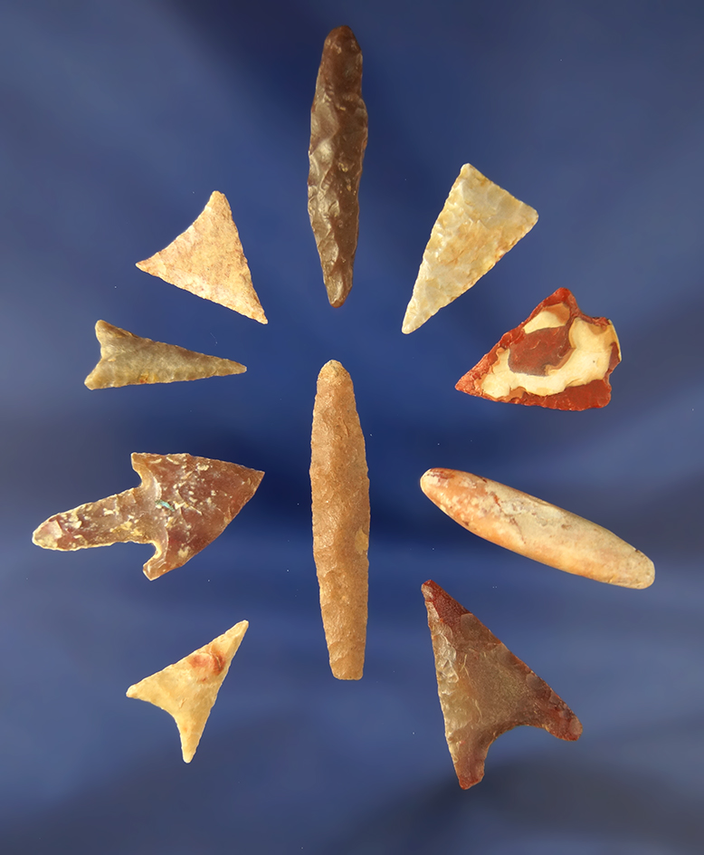 Group of 10 Neolithic Projectiles. Largest is 1 1/2".