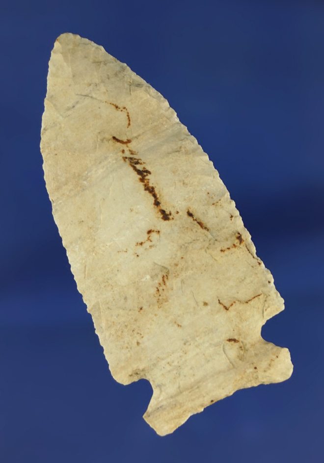 2 1/2" Hemphill point found in Illinois. Made from Burlington chert. Comes with a Motley COA.