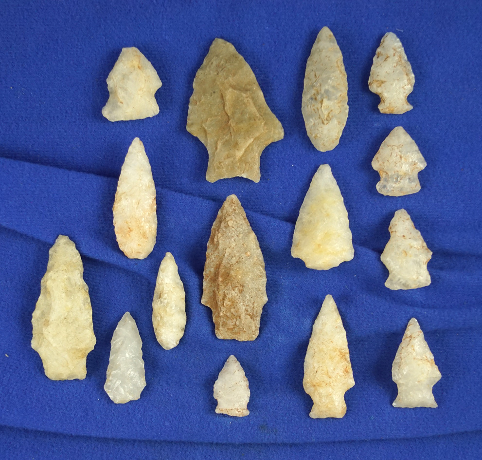 Set of 15 Quartz arrowheads found in Virginia , largest is 2 3/16".