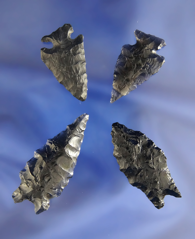 Set of four Obsidian Arrowheads found in Idaho and Nevada, largest is 1 7/8".