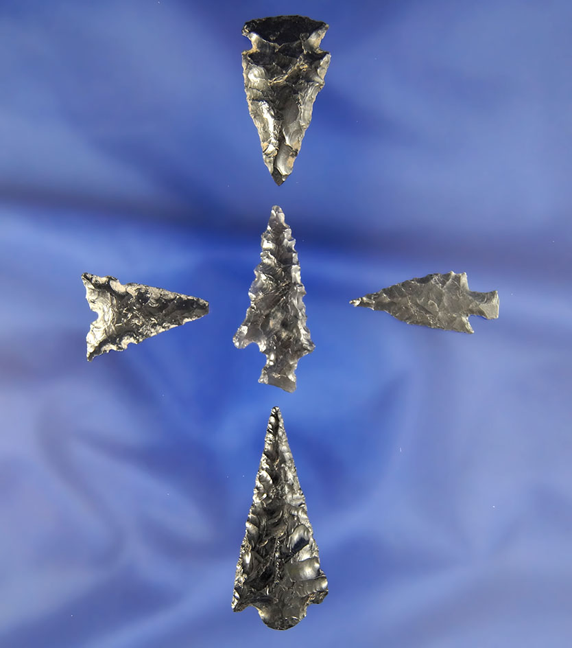 Set of five Obsidian Arrowheads found in Oregon, largest is 1 1/2".