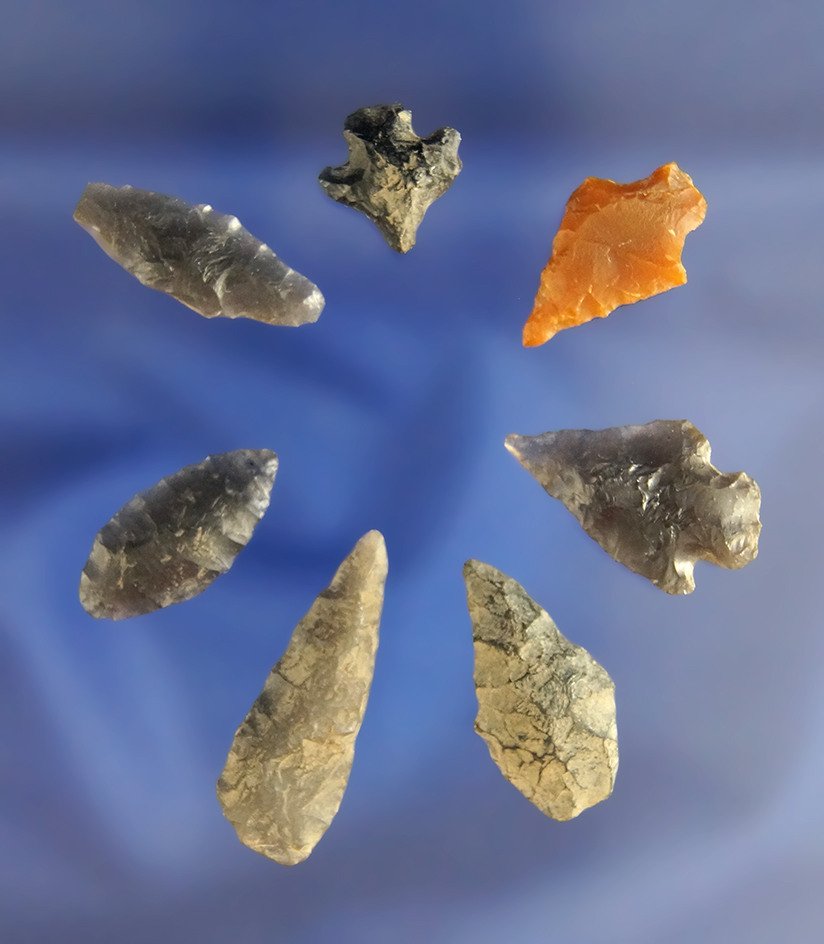 Set of seven assorted arrowheads, largest is 1 1/16" found in Idaho in the 1940s – 1950s.