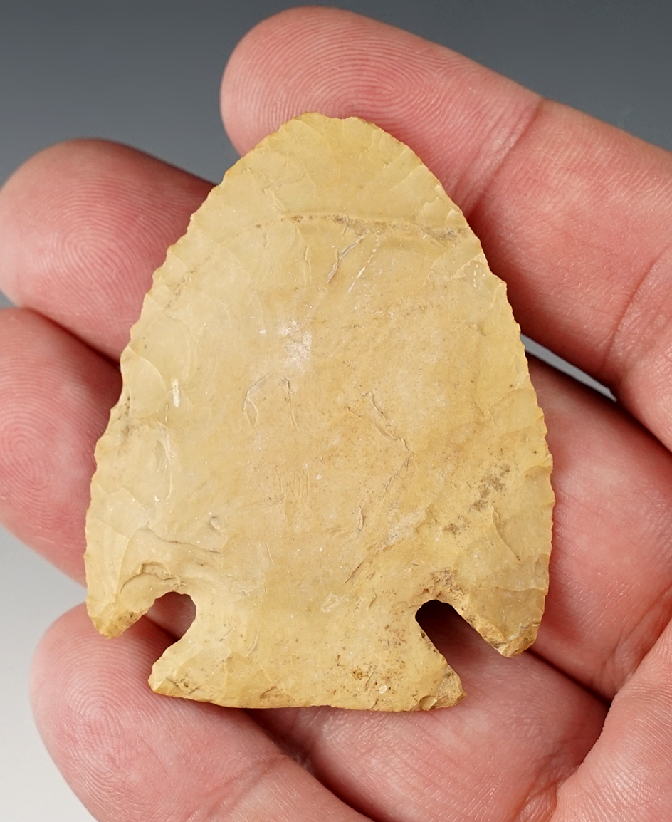 Well flaked 2 1/8" 1st stage Kirk Cornernotch. Found in Indiana.