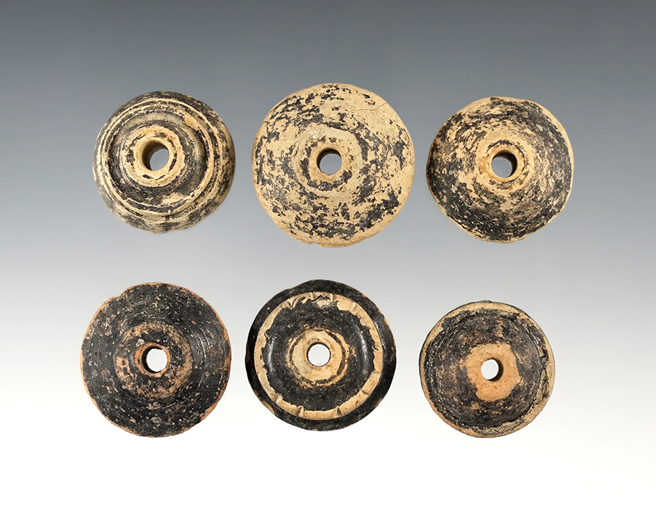 Set of 6 painted clay Spindle Whorls. The largest is 1 1/4".