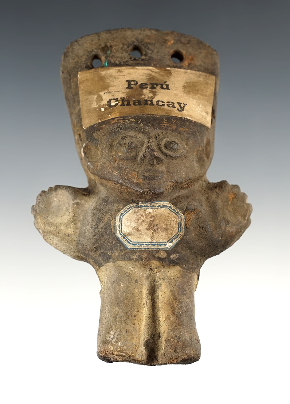4 7/16" tall Chancay Pottery Figure recovered in Peru. 