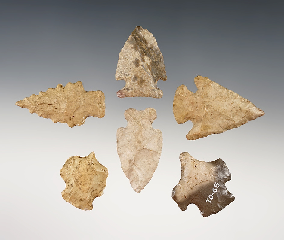 Set of 6 Cornernotch points and drills found in Central Kentucky. The largest is 1 3/4".