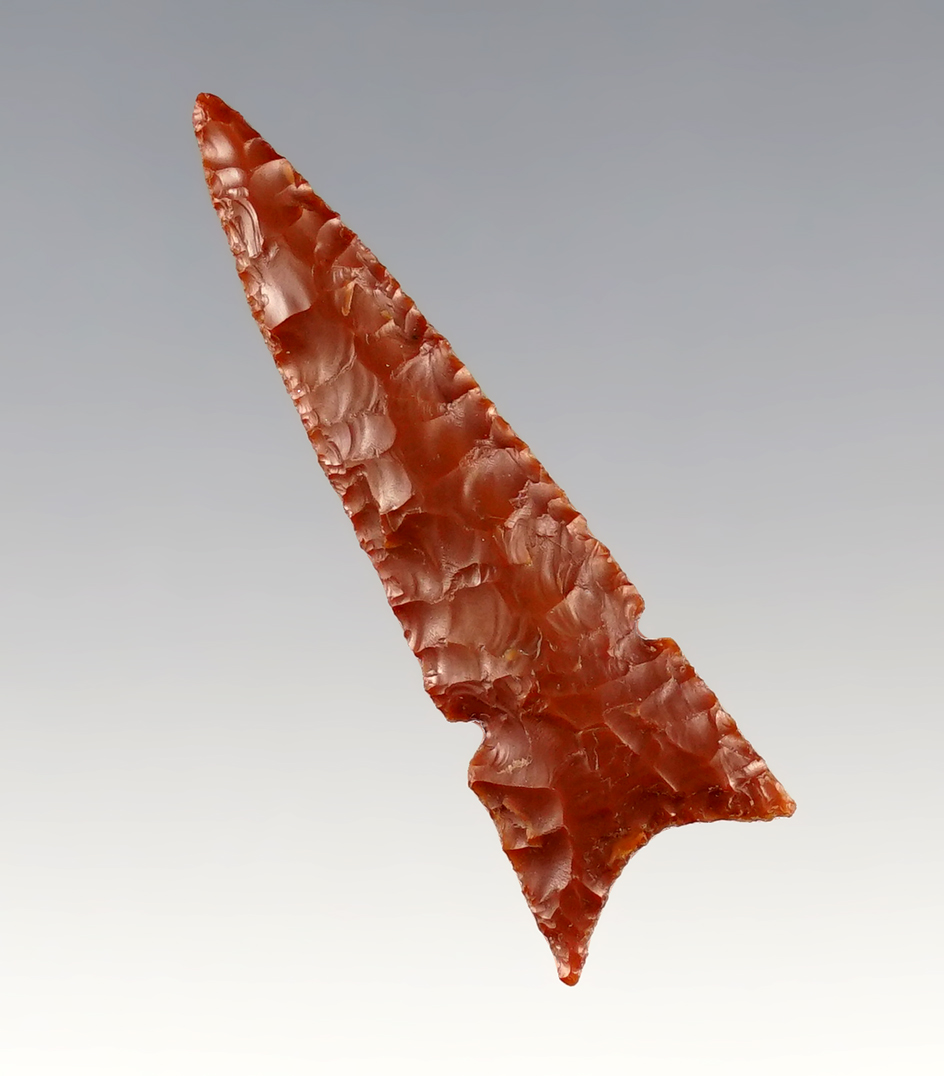 Incredible flaking on this 1 1/2" Red Jasper Sidenotch Triangle found in Arizona.