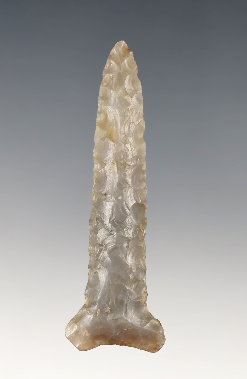 2 7/16" T-Drill found in Coshocton Co., Ohio. Made from patinated Flint Ridge Flint.