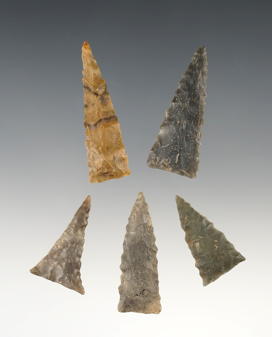Set of 5 finely made Ft. Ancient Triangles that are serrated.The largest is 1 11/16".