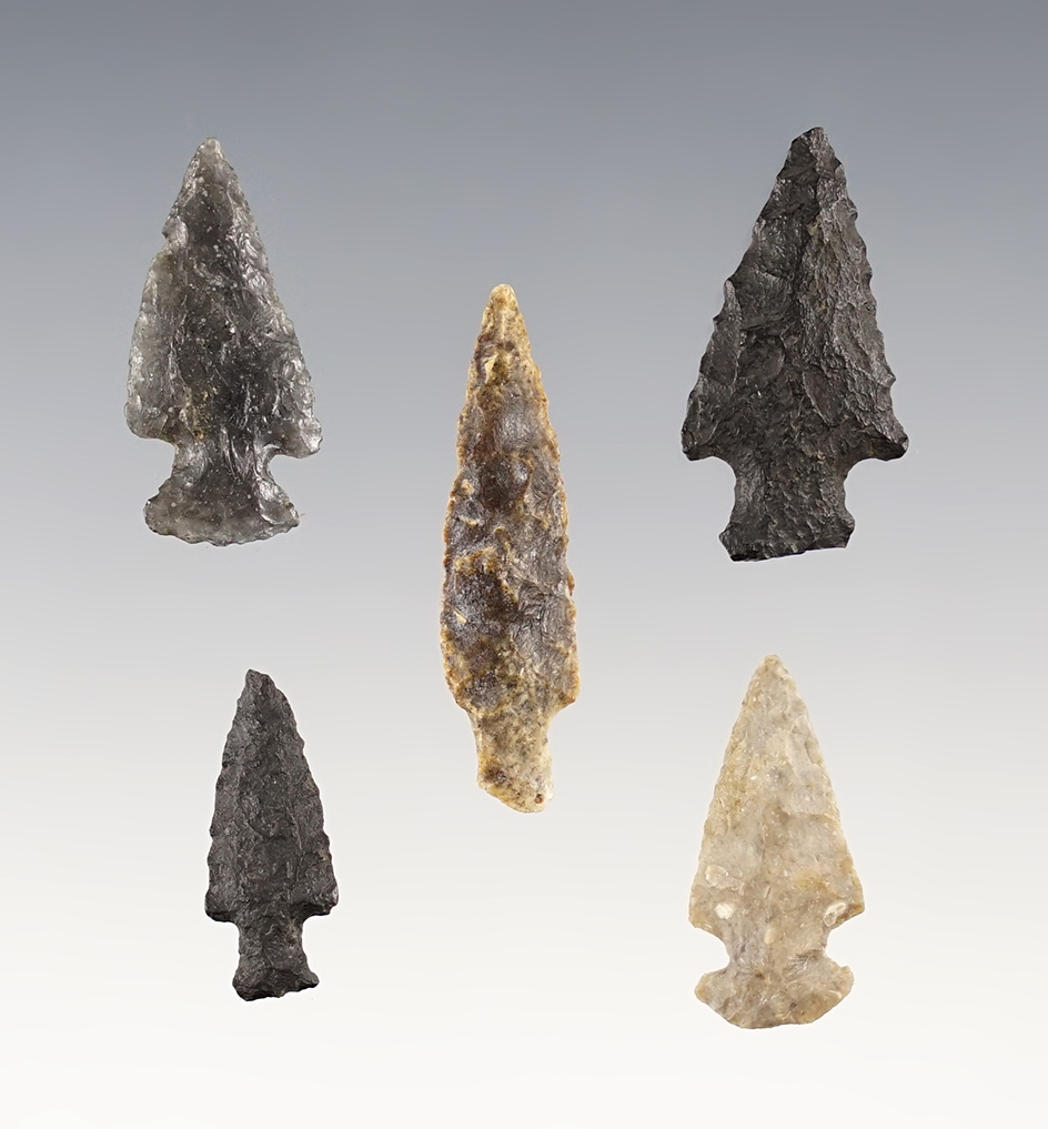 Set of 5 nice Oregon points. The largest is 1 3/8".