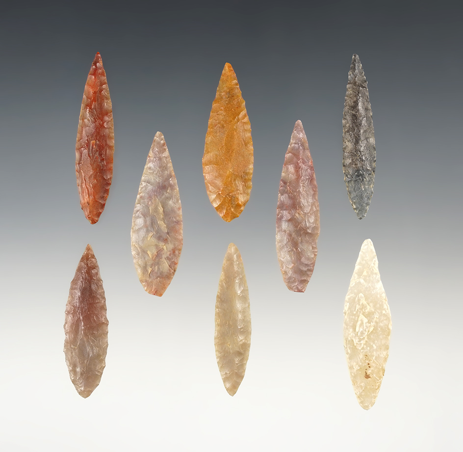 Set of 8 well made African Neolithic Willow Leaf points. The largest is 1 7/8".