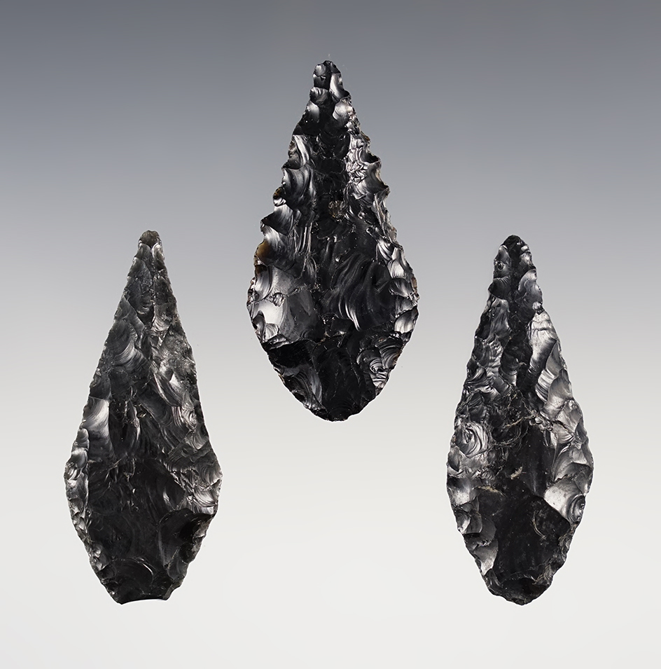Set of 3 nice Obsidian points found in Oregon. The largest is 2 1/4".