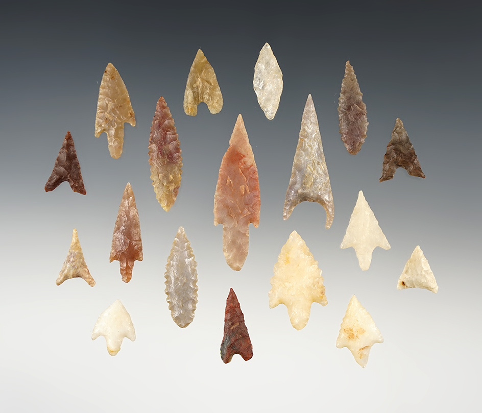 Set of 18 colorful African Neolithic points. The largest is 1 15/16".