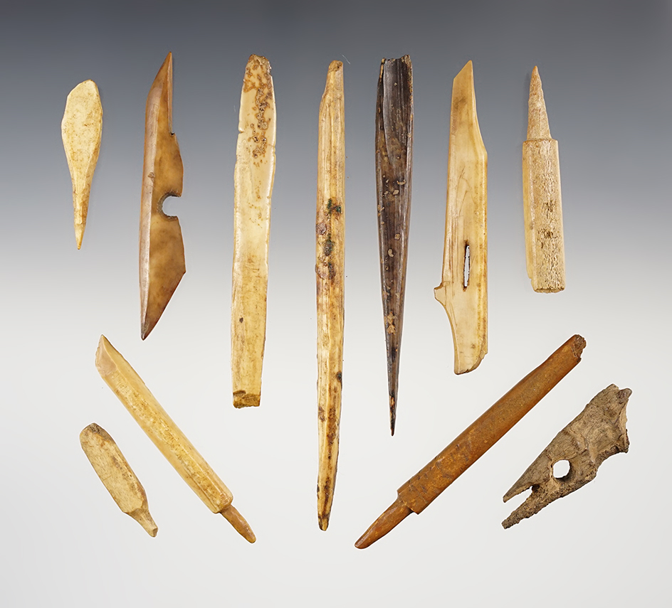 Set of 11 assorted Bone Artifacts found in Alaska. The largest is 5 1/16".