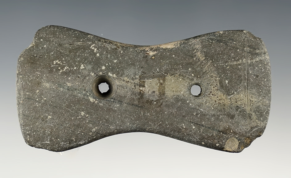 Nicely made 3 3/4" Bi-Concave Gorget found in Darke Co., Ohio. Ex. Don and Terry Elleman.