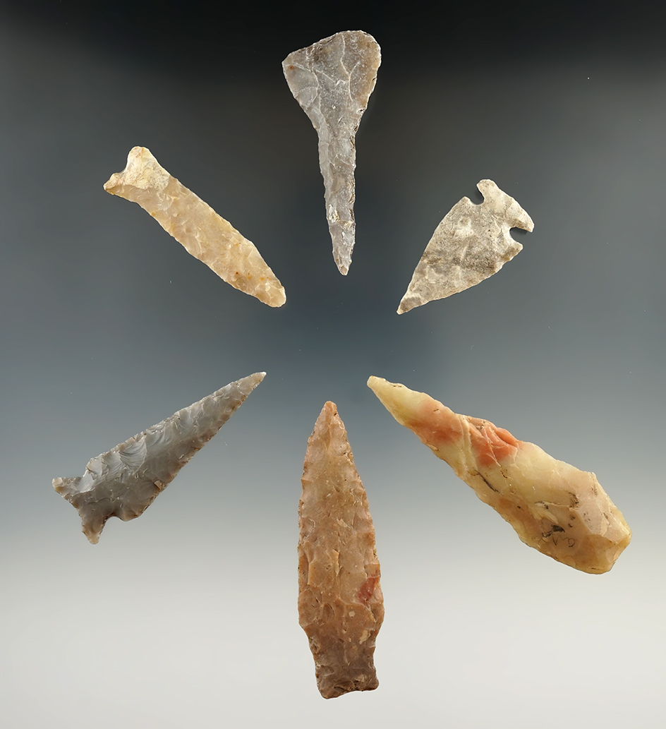 Group of six assorted Texas points, drills and knives, largest is 2 13/16".