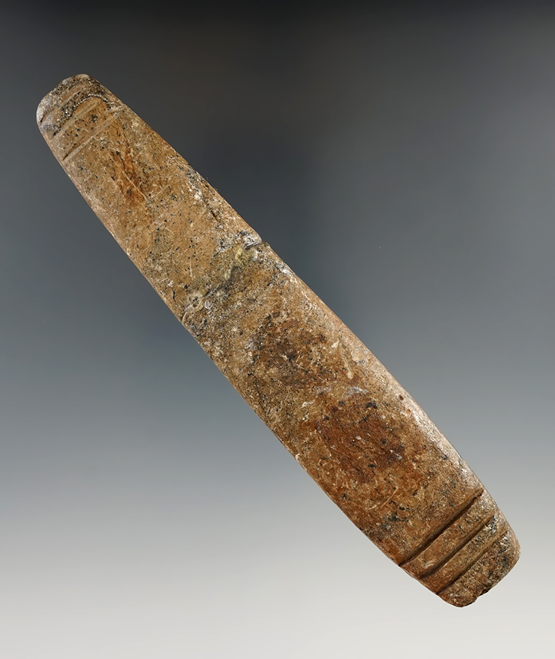 5 5/16" Eliptical Bar Atlatl weight that is grooved on both ends. Broken and glued at the middle. Il