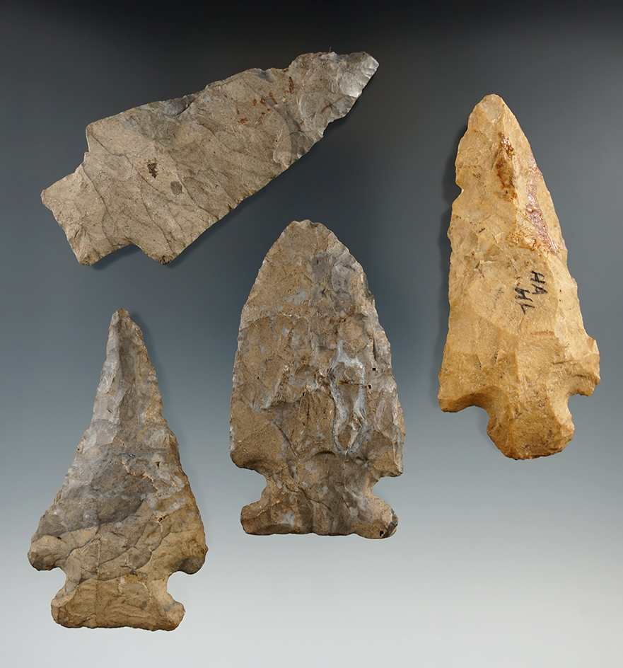 Set of four flaked knives found in New York, largest is 3 5/16".