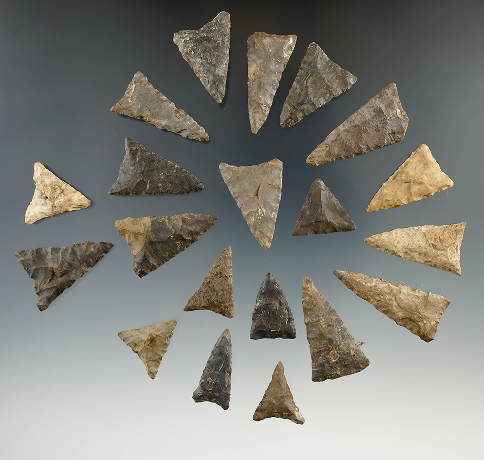 Group of 20 triangular points found in Allegheny Co., New York. Largest is 1 7/16".