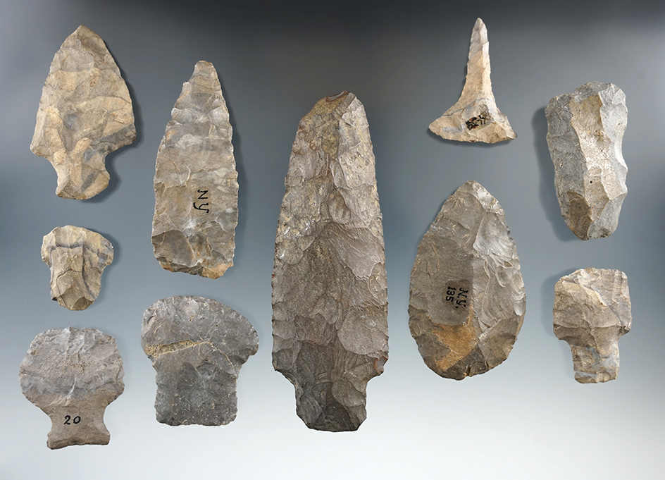 Group of 10 assorted flaked artifacts found in New York, largest is 4 3/8".