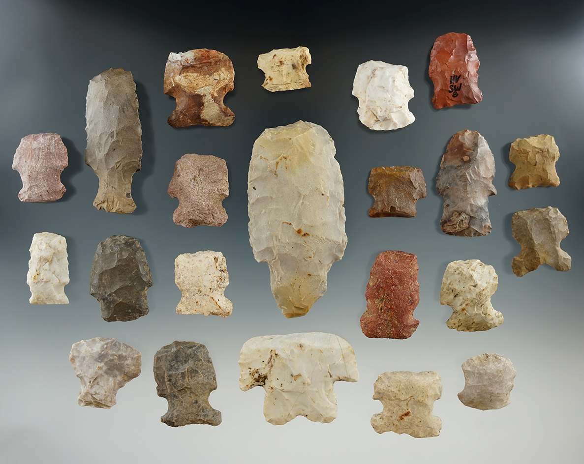 Group of hafted scrapers found in Illinois by Don Simmons, largest is 2 7/8".