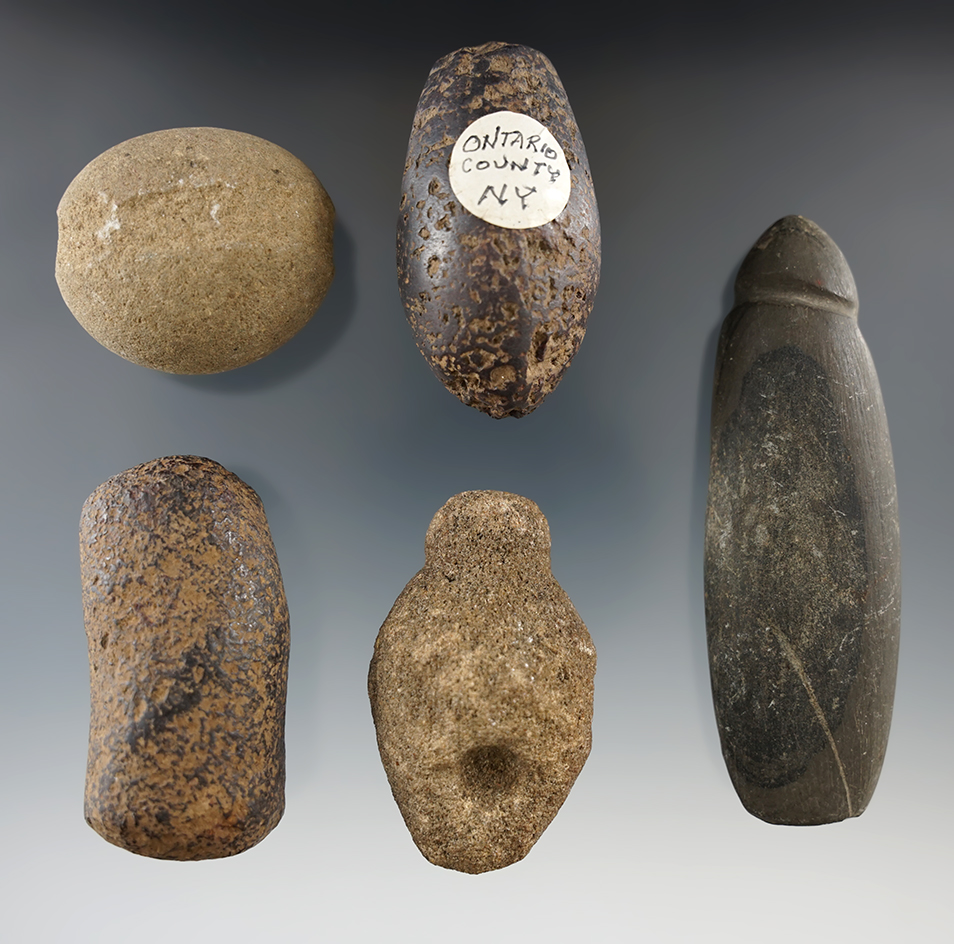 Set of five assorted stone tools found in New York, largest is 3 7/8".