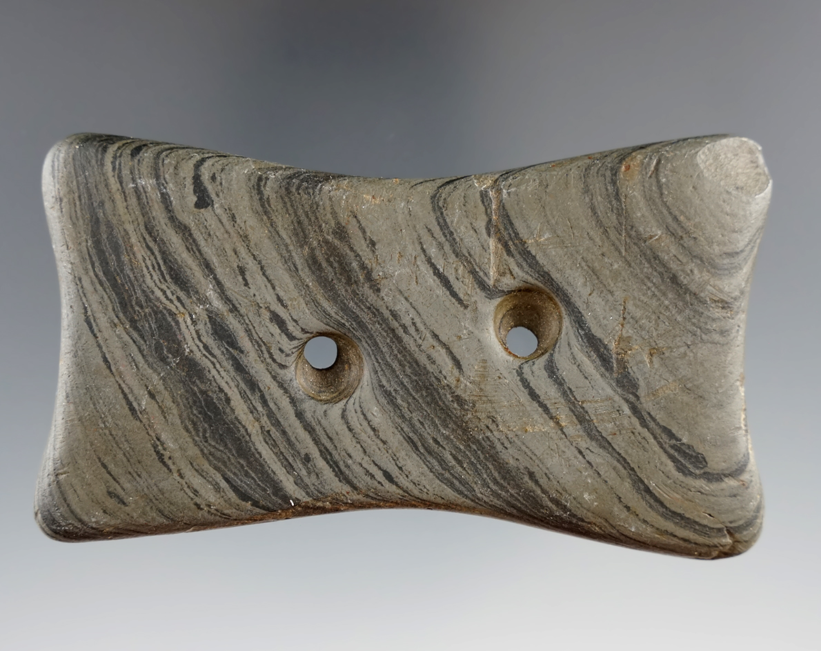 3 1/2" Adena Quadriconcave Gorget made from Banded Slate. Monroe Co., Michigan. Ex. Finetl.