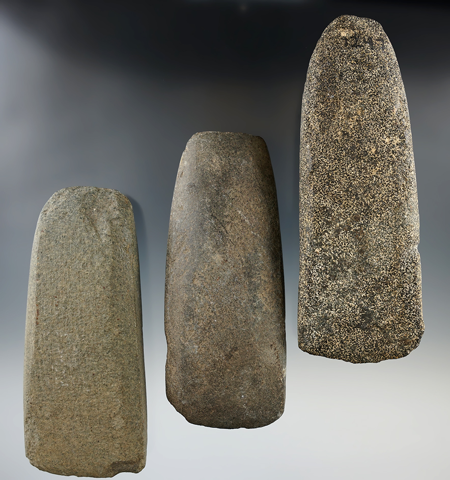 Set of three Celts and adzes found in New York, largest is 5 5/8".