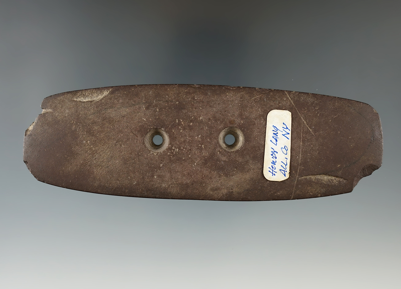 Thin 5 1/8" brown slate Gorget found in Allegheny Co., New York. Ex. Howdy Lang.