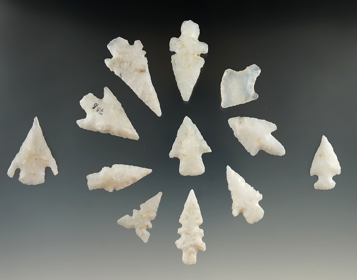 Group of 12 assorted New Mexico arrowheads, largest is 1 3/4".