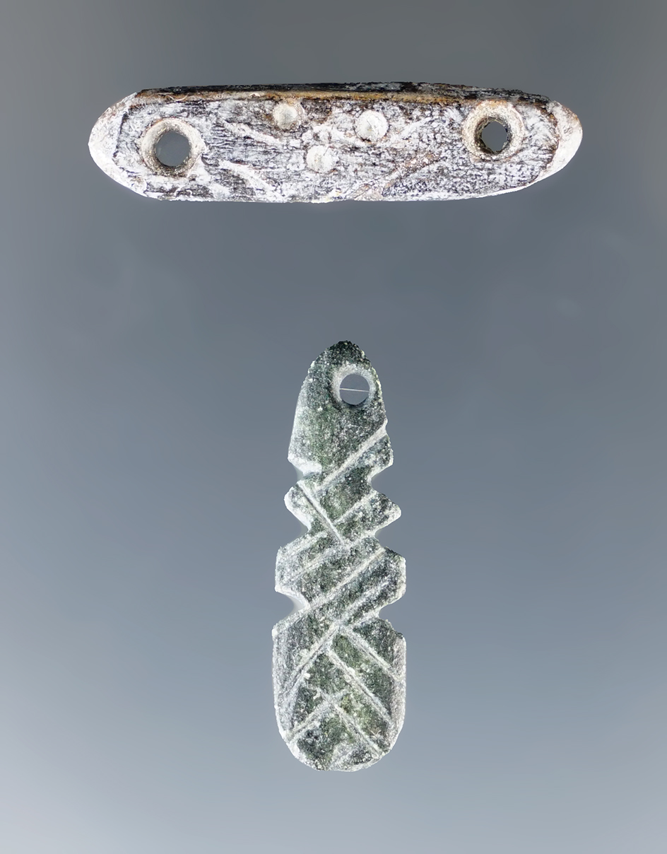 Pair of unique drilled Beads with geometric patterns. Found in Umatilla, Oregon.