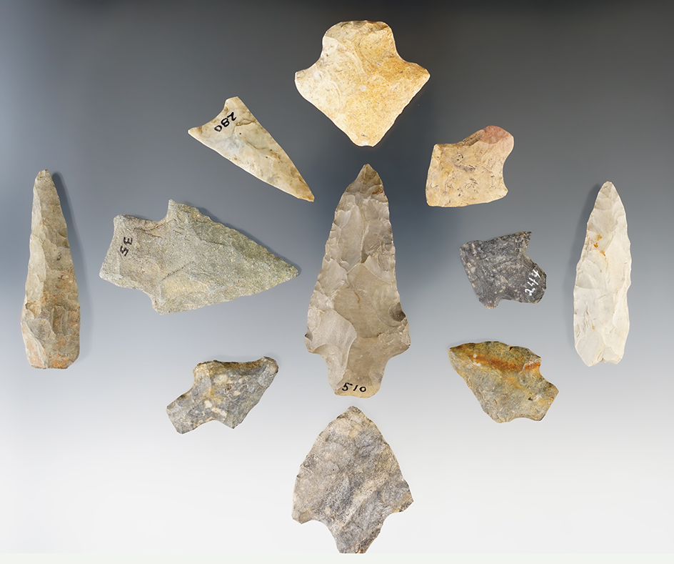 Group of 11 assorted Flint artifacts, largest is 3". Found in the southeastern United States.