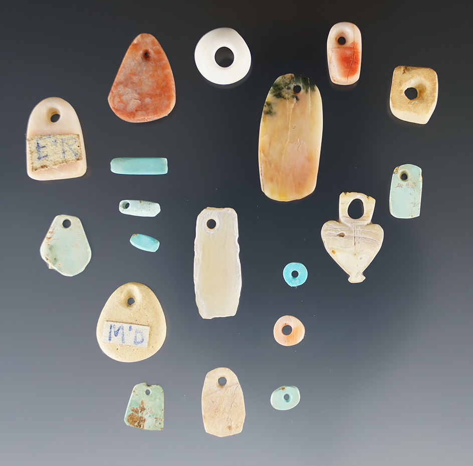 Group of 19 nice drilled stone beads and pendant found in New Mexico, largest is 1 1/16".