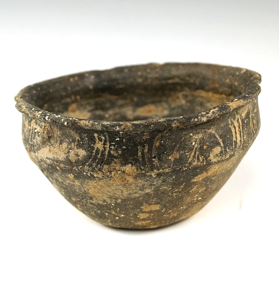 2 1/4" tall by 4" wide miniature pottery vessel, friendship incised, found by Bob Hill during a pond