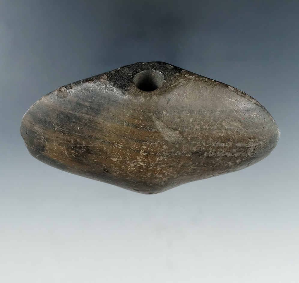 4 5/8" slate Bannerstone preform with Flint drilling started on both sides.