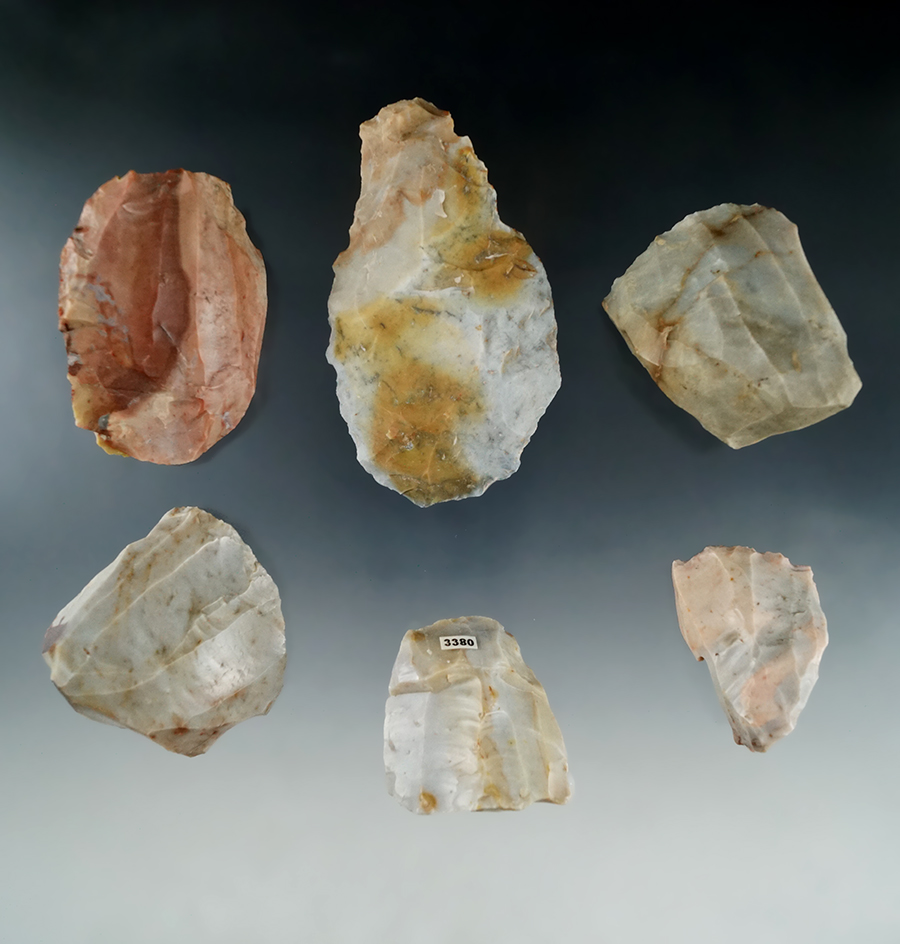 Set of four Hopewell cores and a blank all made from Flint Ridge Flint found in Licking Co., Ohio.