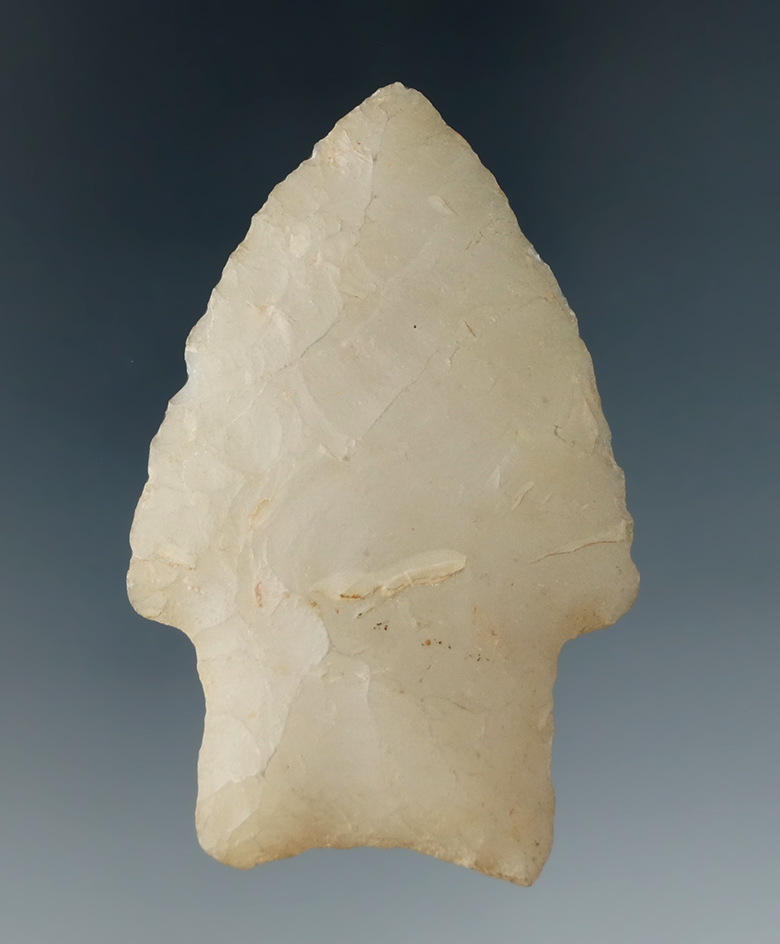 Excellent flaking and style on this 2 3/16" Johnson point found in Arkansas made from novaculite.