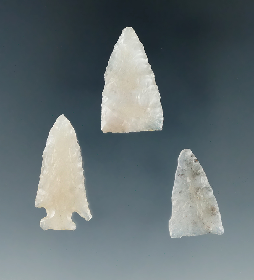 Set of three beautiful agate arrowheads found by George Miller and Churchill Co., Nevada. Largest is