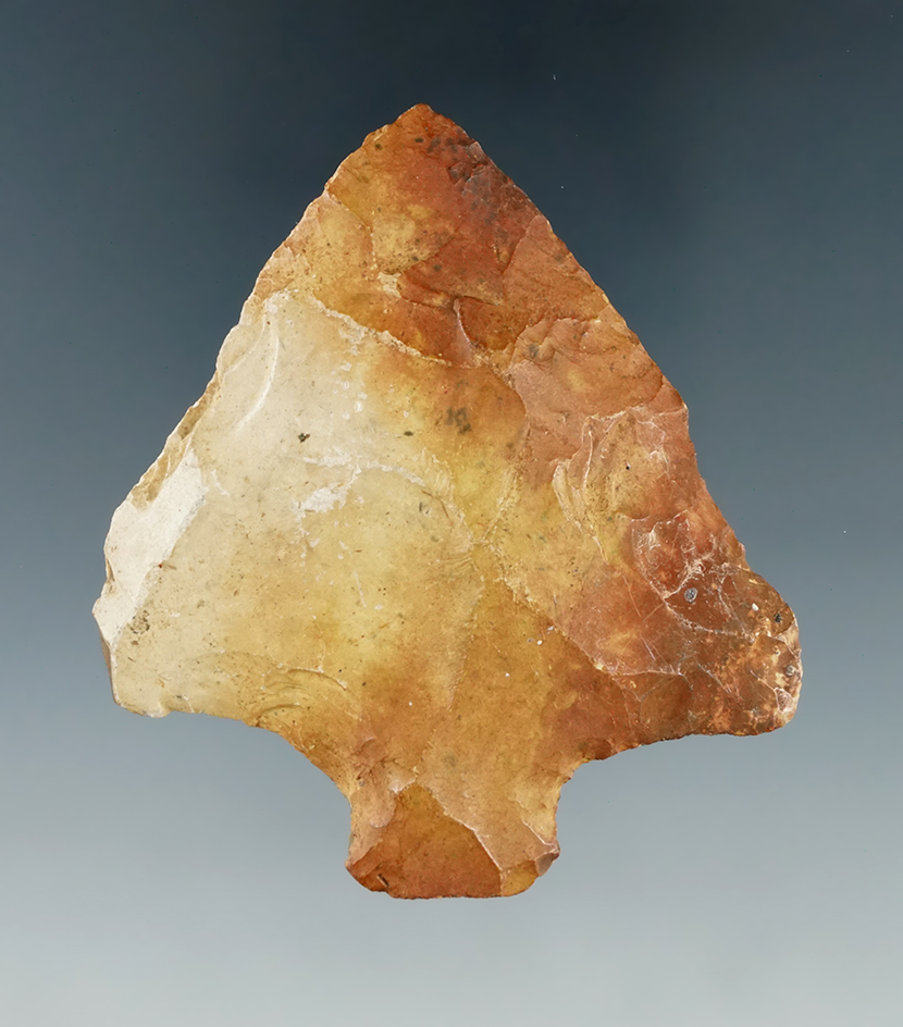 Wide 2 7/16" stemmed knife found in Alachua Co., Florida it is heavily patinated.