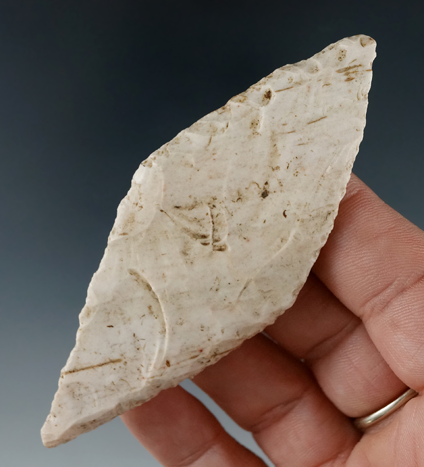 Well styled and nicely flaked 3 1/2" Harahey knife found in Kansas.