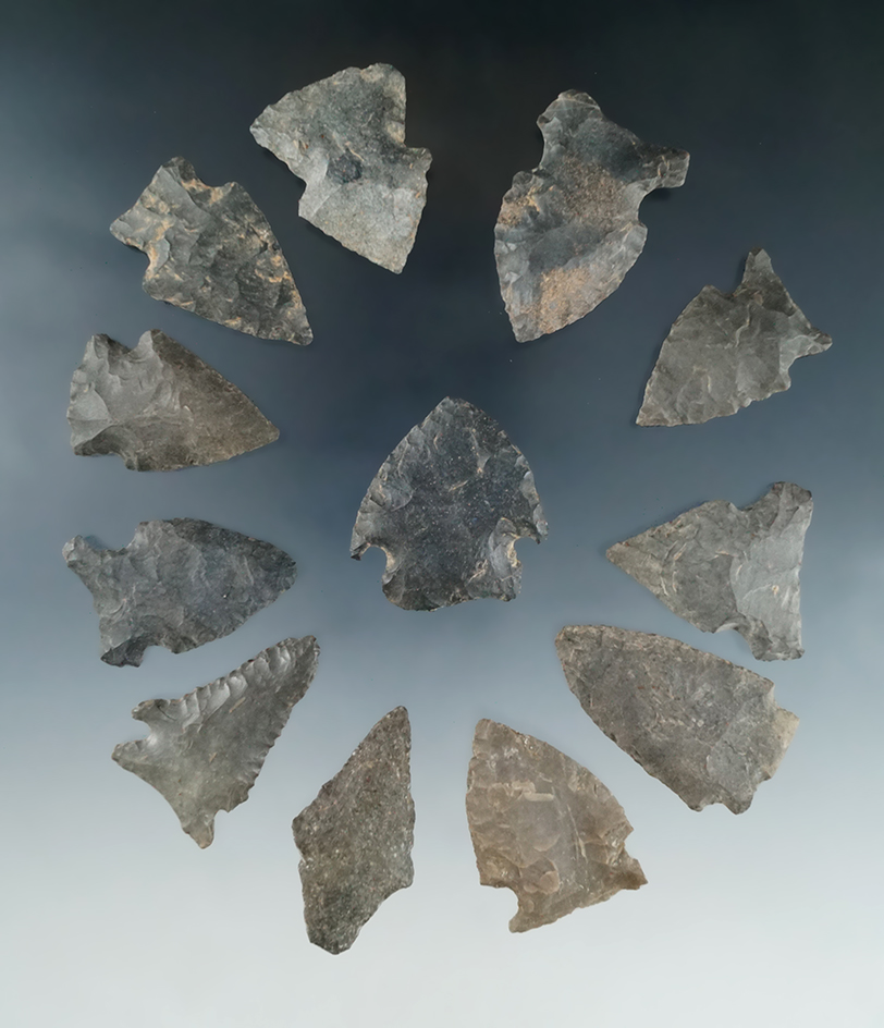 Set of 12 assorted Flint arrowheads found in New York area, largest is 1 11/16".