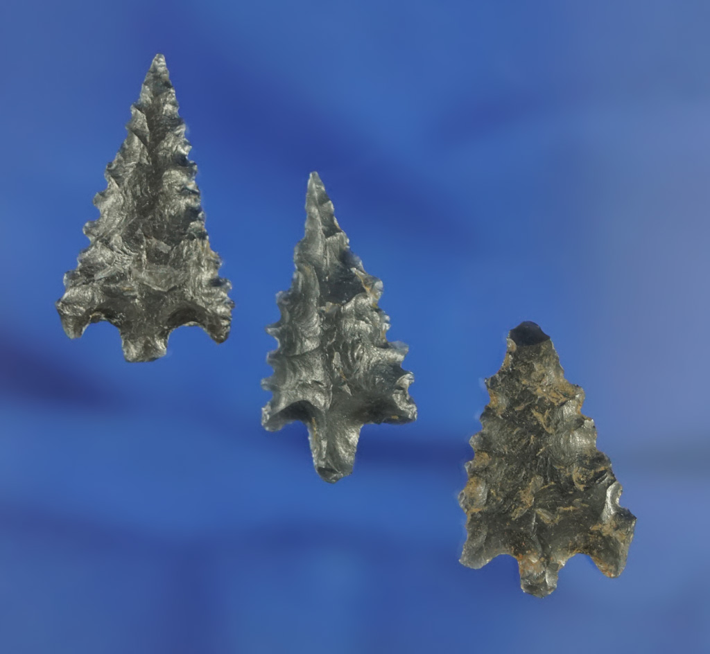 Set of three nice Calapooya points found in Shasta Co.,  California. Largest is 1 1/16".