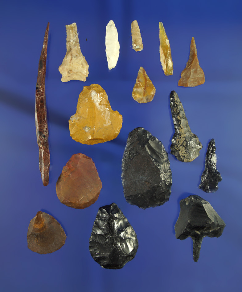 Group of  flaked artifacts found near Fort Rock Oregon including a mahogany obsidian needle.