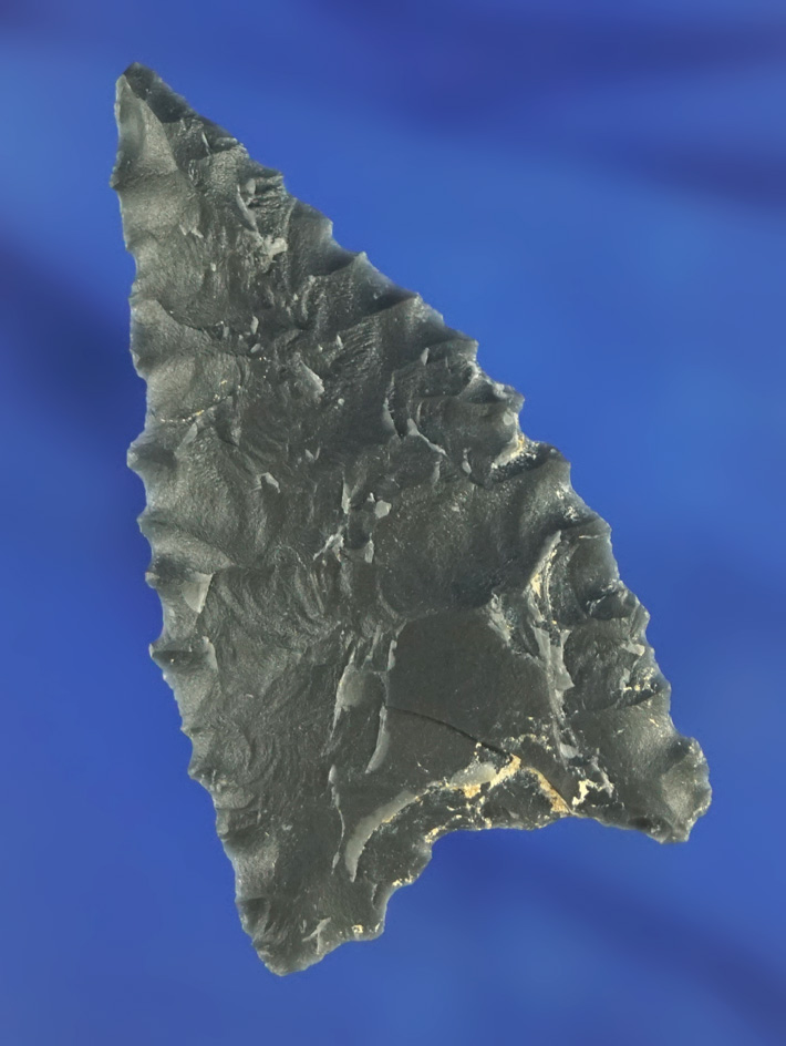 2 1/16" obsidian dart point found in Nevada. Thin and nicely made with great edge serrations.